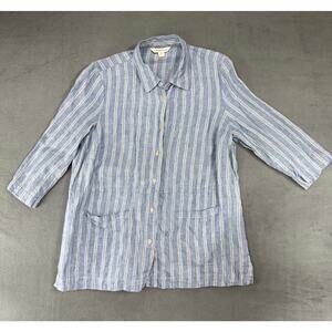 Coldwater Creek Womens Large Button‎ Down Blouse 100% Linen Blue White Striped